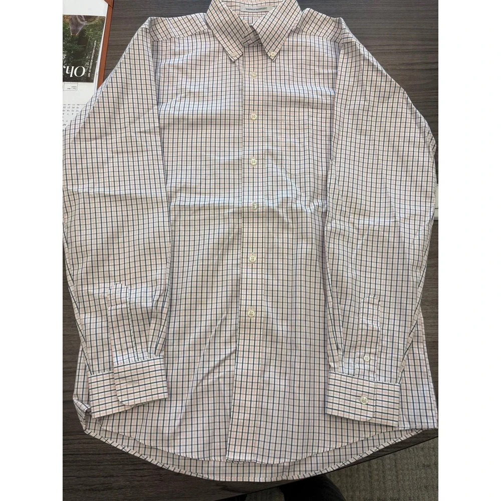 LL Bean Wrinkle Resistant Shirt 15.5-35 Pink Blue Check Plaid Cotton Button Down